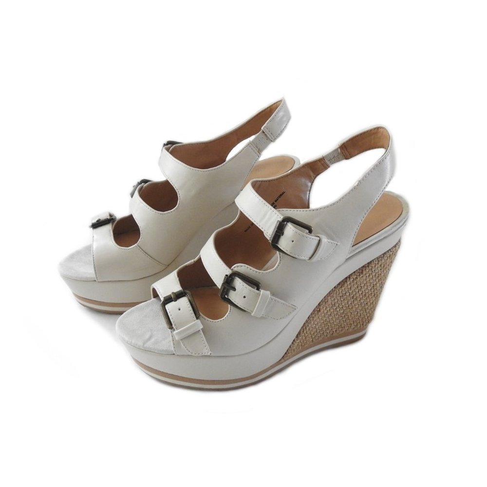 Gently Work Nine West Wedges Platform Sandals Open Toe Beige Color Size 8M Strap